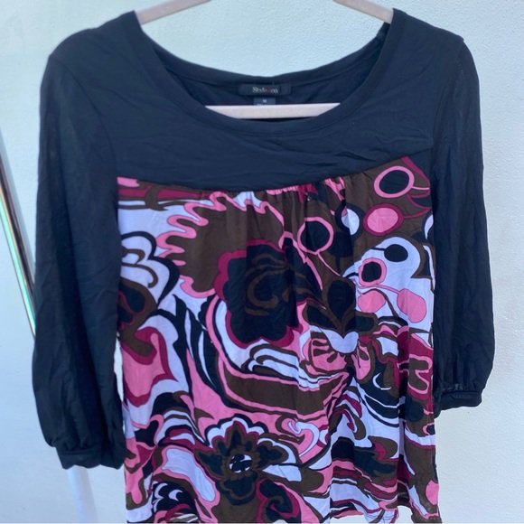 Y2K Black & Pink Multicolor Abstract Print Micro Mesh Blouse Size Medium - Picture 2 of 6